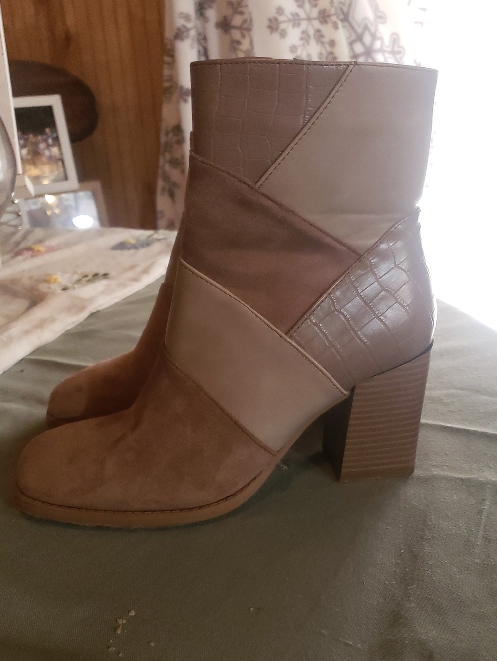 Patchwork Trending Ankle Boots Beige/tan Texture Zip Side Block Heel 8